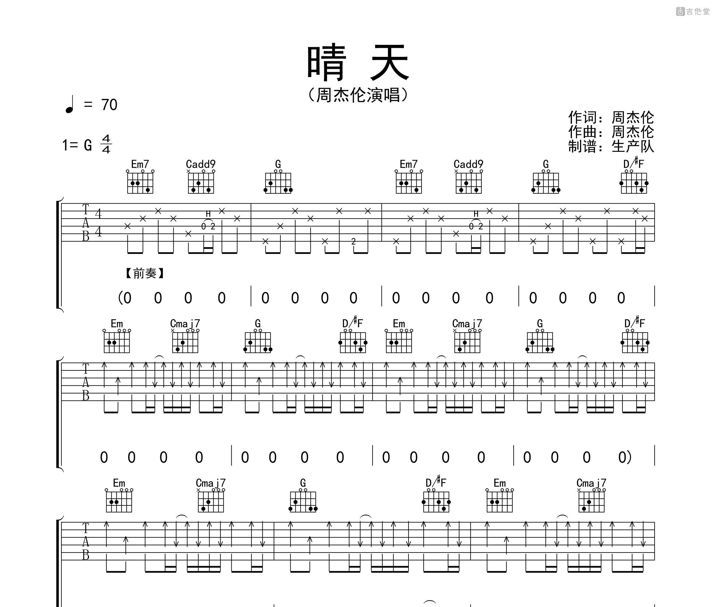 晴天（指弹）简单版吉他谱 周杰伦 入门C大调流行 指弹谱-吉他谱中国