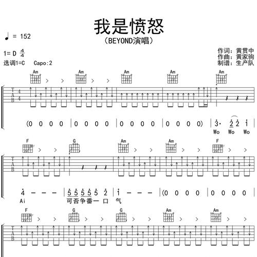 我是愤怒吉他谱 BEYOND C调编配高清六线谱