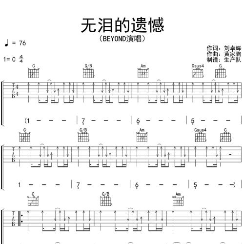 《无泪的遗憾》吉他谱-BEYOND-C调弹唱伴奏吉他谱