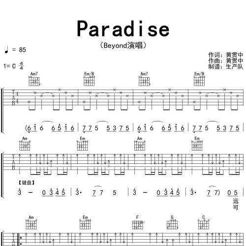 遥远的Paradise吉他谱 BEYOND C调演奏版吉他六线谱