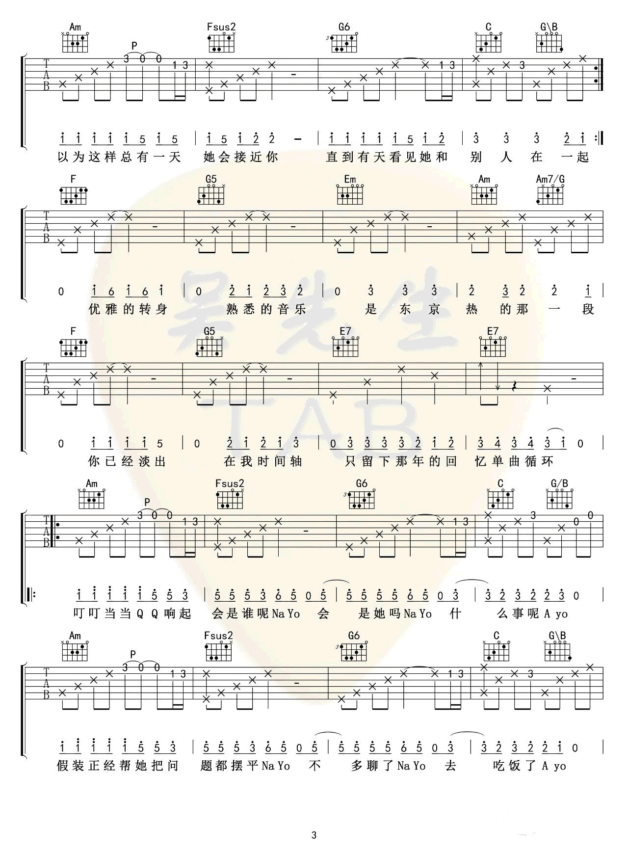 东京不太热吉他谱吴先生编配吉他堂-3