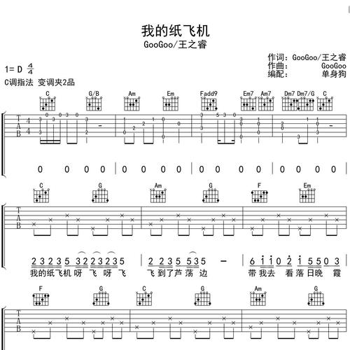 我的纸飞机吉他谱_GooGoo /王之睿_吉他伴奏谱_C调版