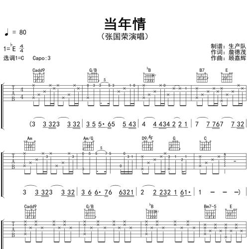 《当年情》吉他谱_张国荣_弹唱伴奏吉他谱_C调版