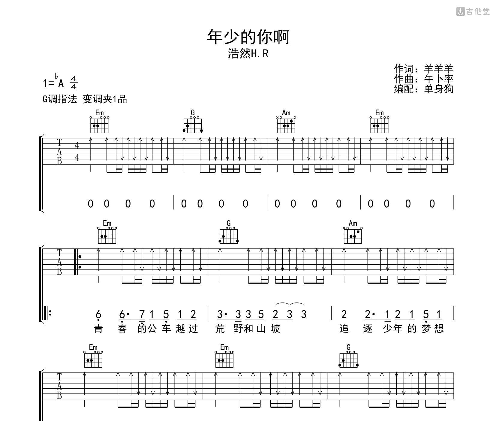 年少的你啊吉他谱