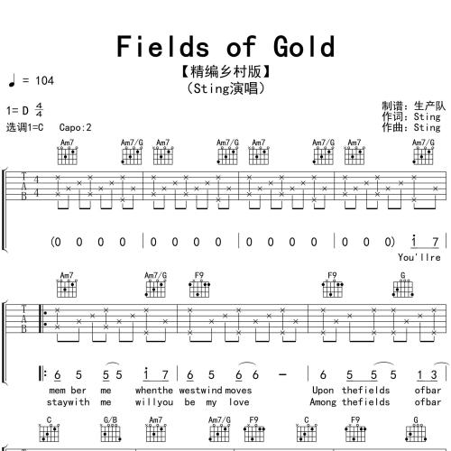 Fields of Gold吉他六线谱_Sting_弹唱伴奏吉他谱_C调指法版