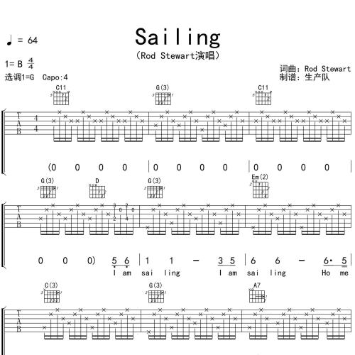 sailing吉他谱 Rod Stewart G调编配高清六线谱