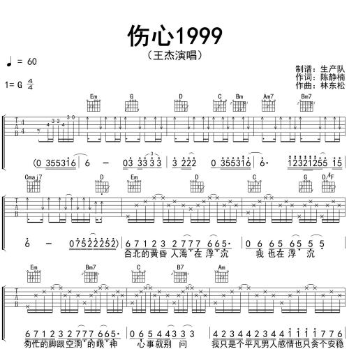 伤心1999吉他谱_王杰演唱_G调图片格式吉他伴奏谱