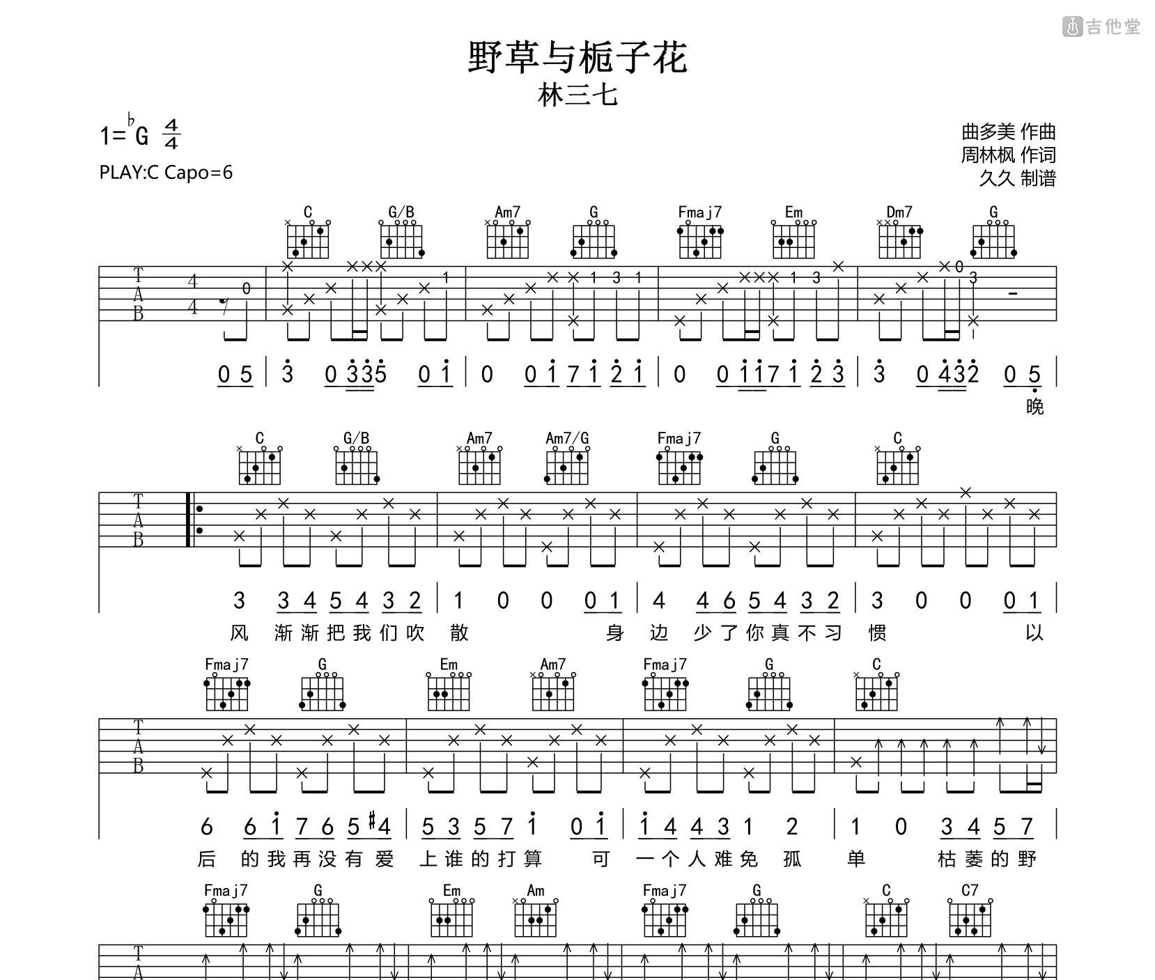 野草与栀子花吉他谱_林三七_C调弹唱88%单曲版 - 吉他世界