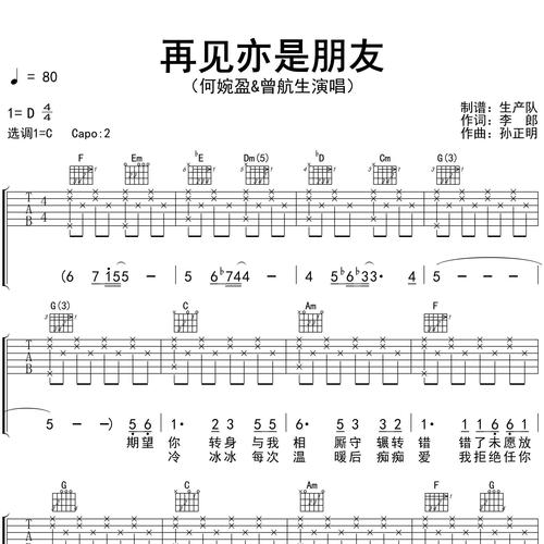 再见亦是朋友吉他谱 何婉盈、曾航生 C调编配高清六线谱