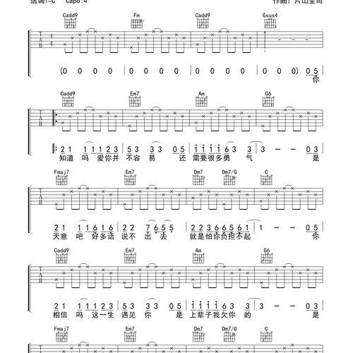 一路上有你吉他谱 张学友 C调编配高清六线谱(生产队)