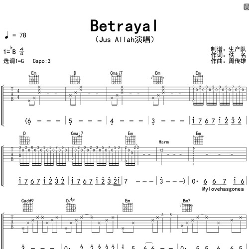 Betrayal吉他谱 Jus Allah G调编配高清六线谱