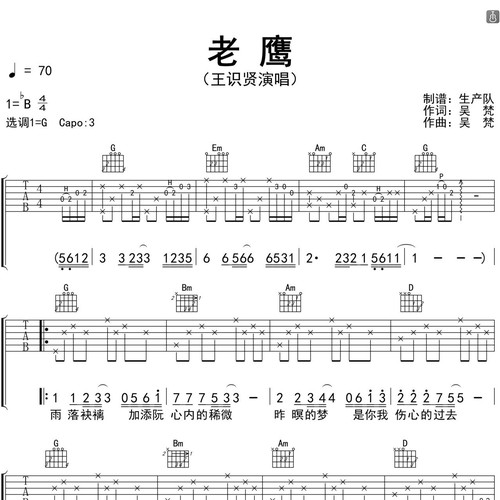 王识贤《老鹰》吉他谱 G调指法吉他弹唱谱