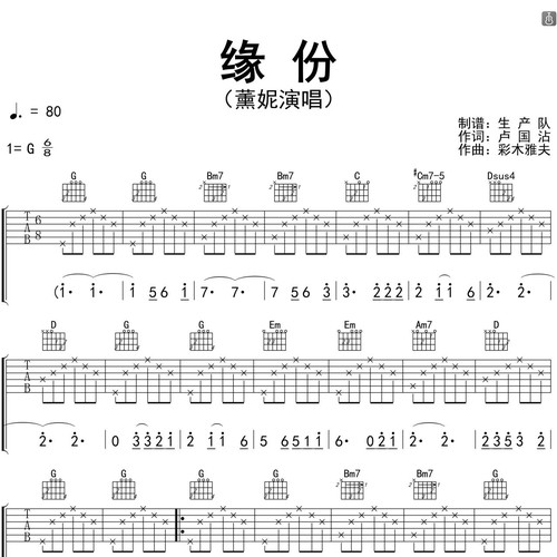 薰妮《缘份》吉他谱 G调编配高清六线谱