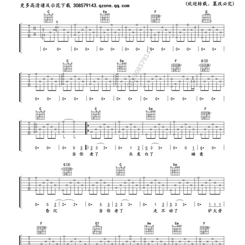 当你老了吉他谱 赵照 C调演奏版吉他六线谱(卢家兴)