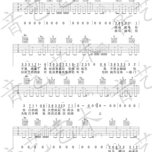 《斑马斑马》吉他谱 宋冬野 G调弹唱吉他谱(音艺艺术)