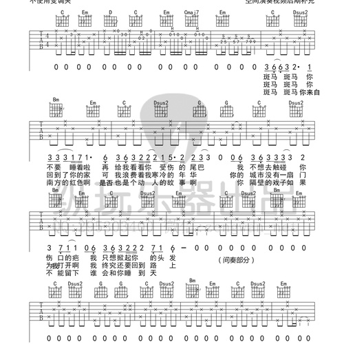 斑马斑马吉他弹唱谱_宋冬野_G调吉他谱(纵玩吉他)