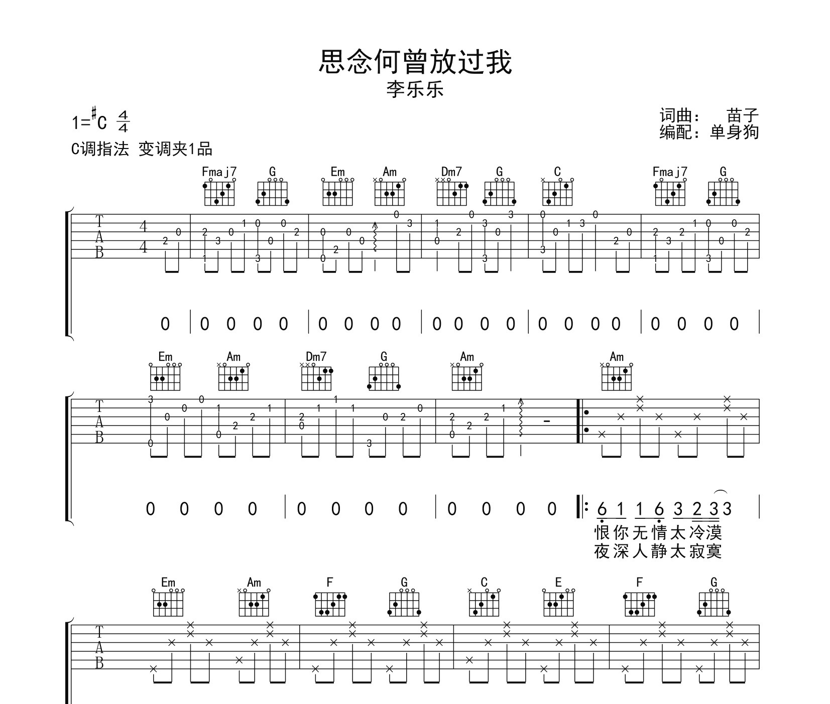 思念何曾放过我吉他谱