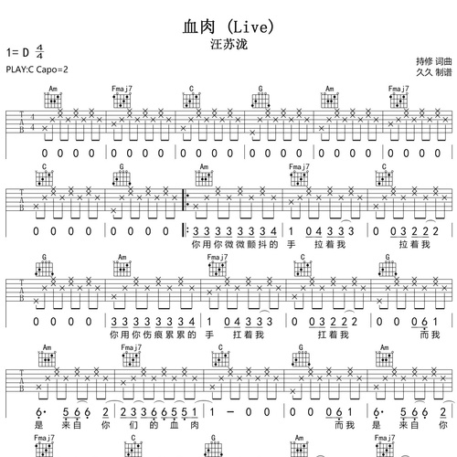 汪苏泷《血肉》吉他谱 C调吉他弹唱谱