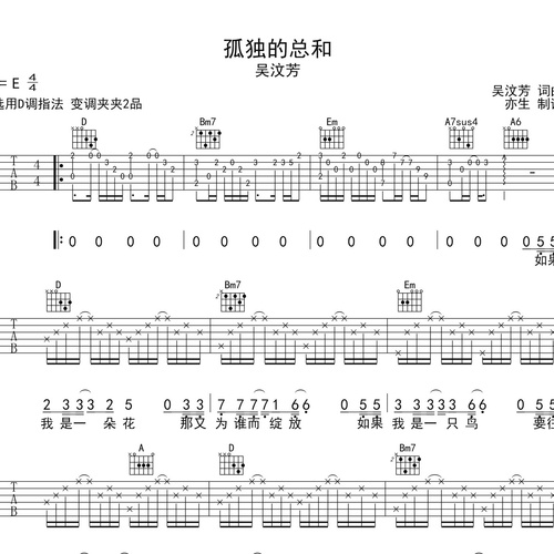 吴汶芳《孤独的总和》吉他谱 D调吉他弹唱伴奏谱