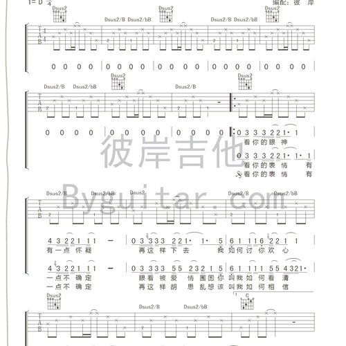 《就算全世界与我为敌》吉他谱_陈绮贞_吉他伴奏谱_D调版(彼岸吉他)