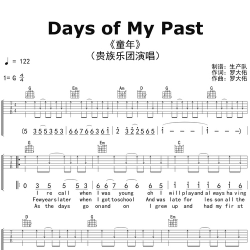 Days of My Past（童年）吉他弹唱谱_贵族乐团_G调吉他谱