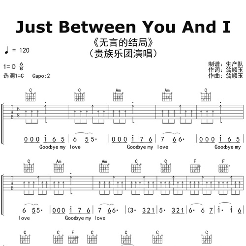 Just Between You And I（无言的结局）吉他弹唱谱 贵族乐团 C调版