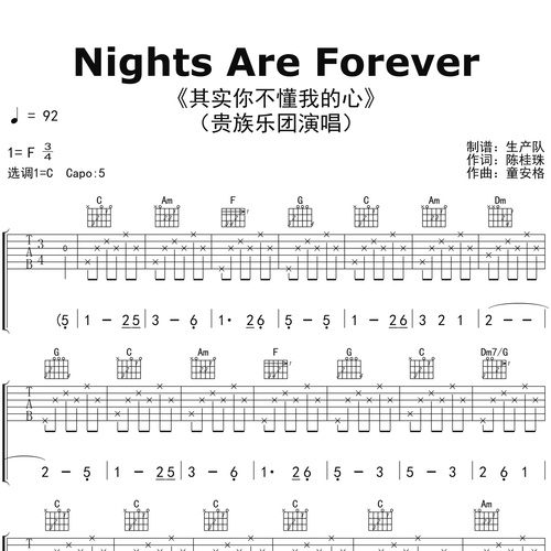 《Nights Are Forever（其实你不懂我的心）》吉他谱 贵族乐团 C调编配六线谱