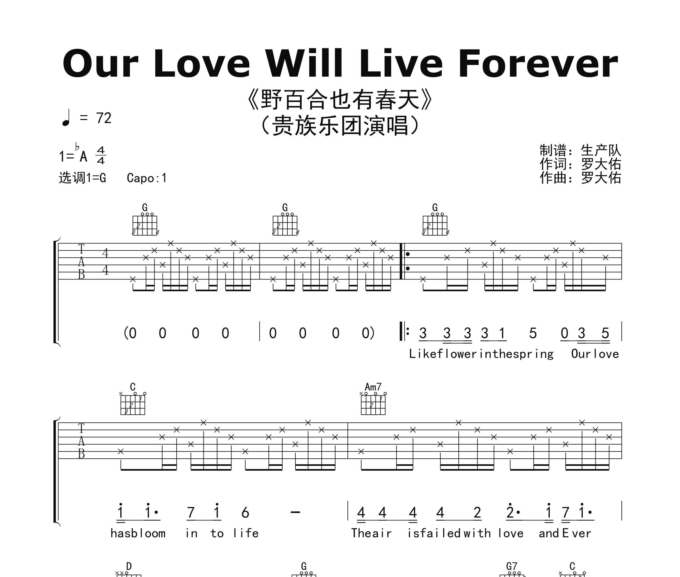 Our Love Will Live Forever（野百合也有春天）吉他谱