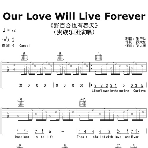 《Our Love Will Live Forever（野百合也有春天）》吉他谱 贵族乐团 G调弹唱吉他谱