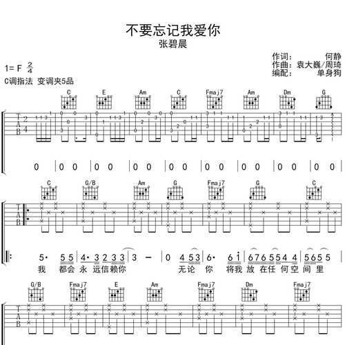 《不要忘记我爱你》吉他谱 张碧晨 C调伴奏吉他谱