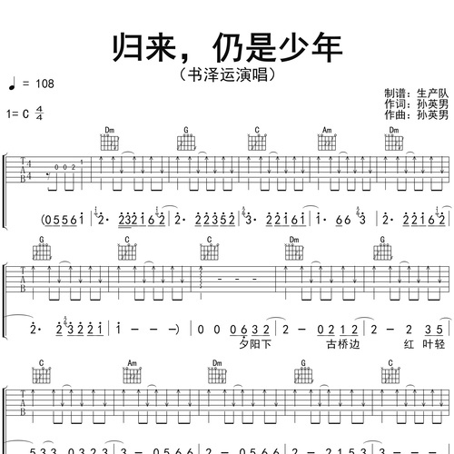 《归来，仍是少年》吉他弹唱谱_书泽运演唱_C调吉他谱