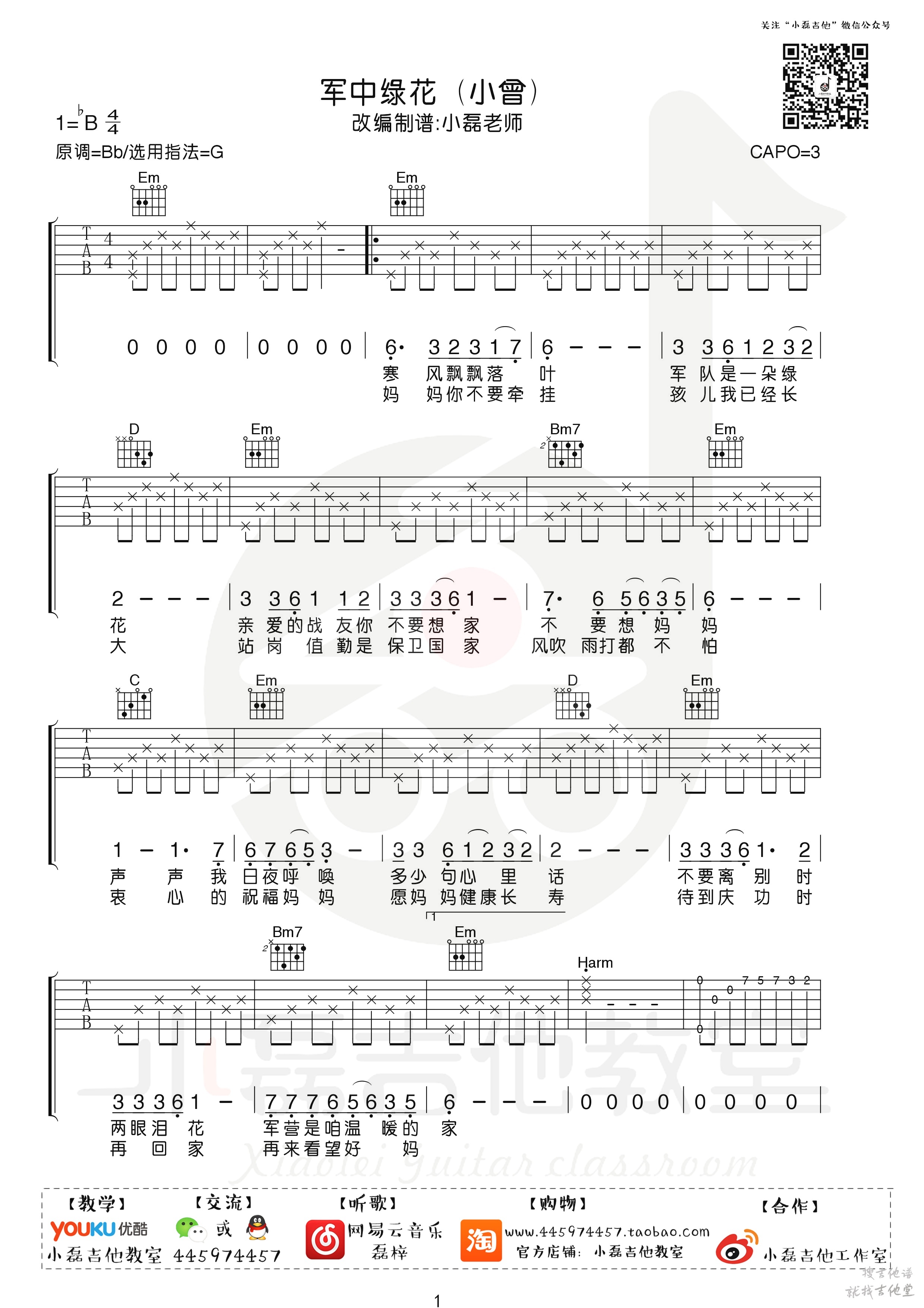 军中绿花吉他谱小磊吉他编配吉他堂-1