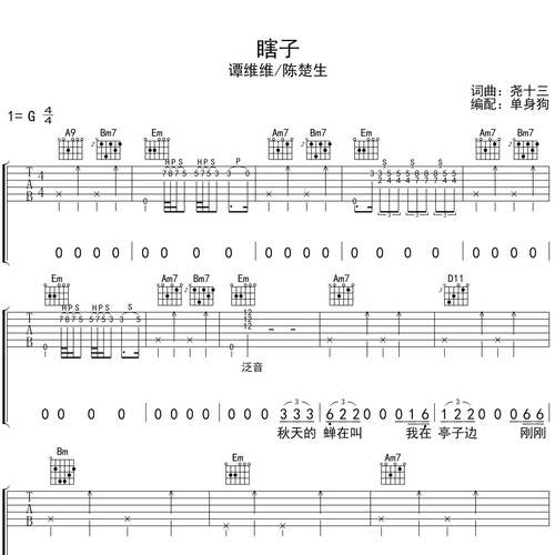 瞎子吉他六线谱_谭维维/陈楚生_弹唱伴奏吉他谱_G调指法版