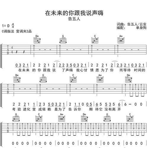《在未来的你跟我说声嗨》吉他弹唱谱_告五人演唱_C调吉他谱