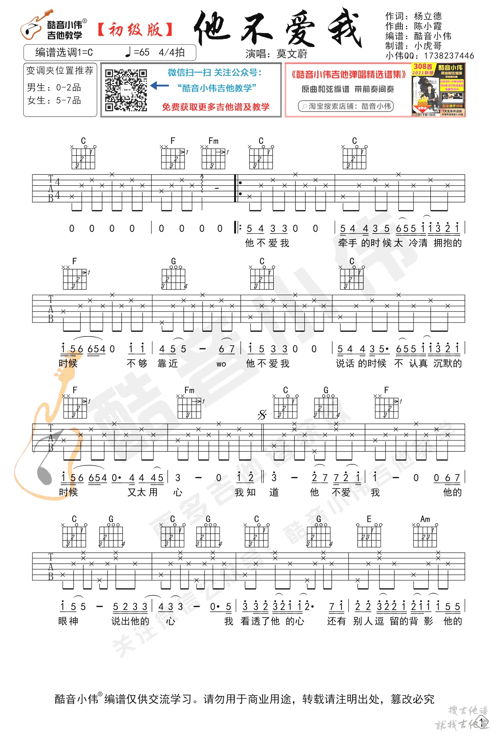 他不爱我吉他谱酷音小伟编配吉他堂-1