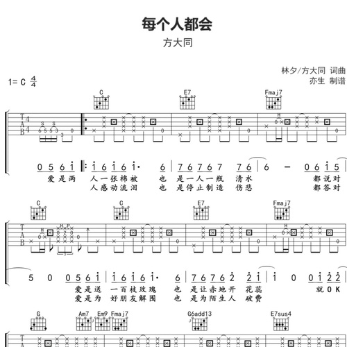 每个人都会吉他谱 方大同 弹唱伴奏吉他谱 C调版