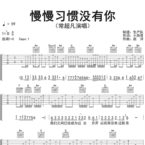 《慢慢习惯没有你》吉他谱 常超凡 C调编配六线谱
