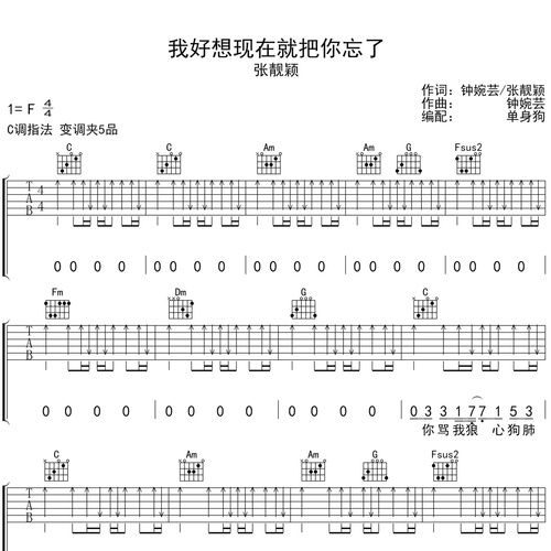 张靓颖《我好想现在就把你忘了》吉他谱 C调吉他弹唱谱