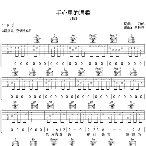 手心里的温柔吉他弹唱谱_刀郎_C调吉他谱
