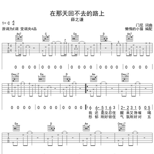 《在那头回不去的路上》吉他六线谱_薛之谦_弹唱吉他谱_C调指法