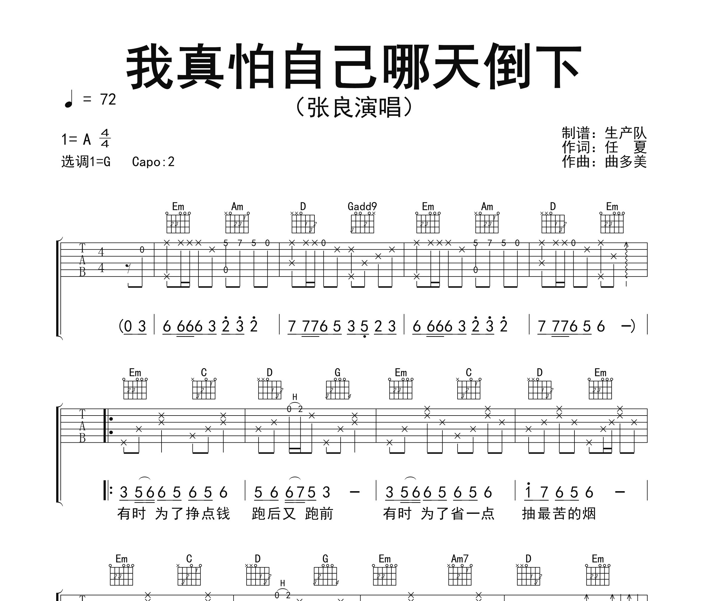 我真怕自己哪天倒下（烟嗓男版）吉他谱