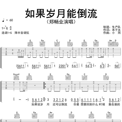 《如果岁月能倒流》吉他六线谱_郑畅业_弹唱吉他谱_G调指法