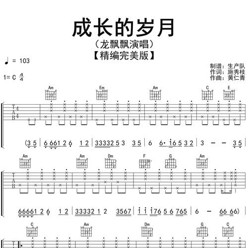 《成长的岁月》吉他谱 龙飘飘 C调伴奏吉他谱