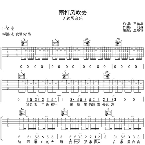 雨打风吹去吉他六线谱_无边界音乐_弹唱伴奏吉他谱_C调指法版
