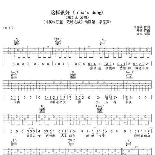 这样很好吉他六线谱_陈奕迅_弹唱伴奏吉他谱_C调指法版