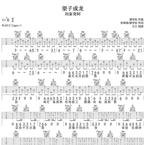 《望子成龙》吉他弹唱谱_刘家奇阿演唱_C调吉他谱