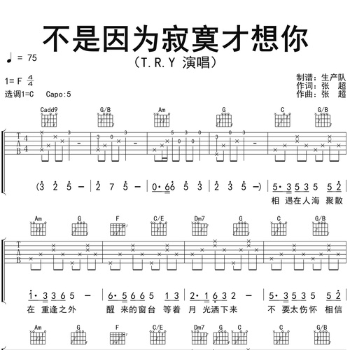 不是因为寂寞才想你吉他谱 T.R.Y C调吉他弹唱伴奏谱