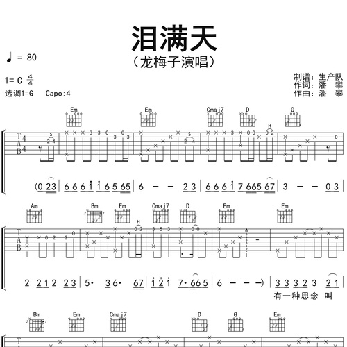 《泪满天》吉他谱 龙梅子 G调伴奏吉他谱
