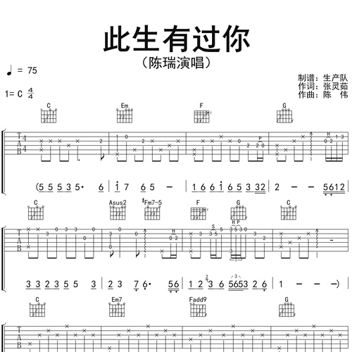 《此生有过你》吉他谱_陈瑞_弹唱伴奏吉他谱_C调版