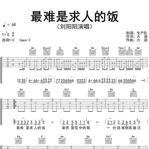 最难是求人的饭吉他弹唱谱 刘阳阳 C调版